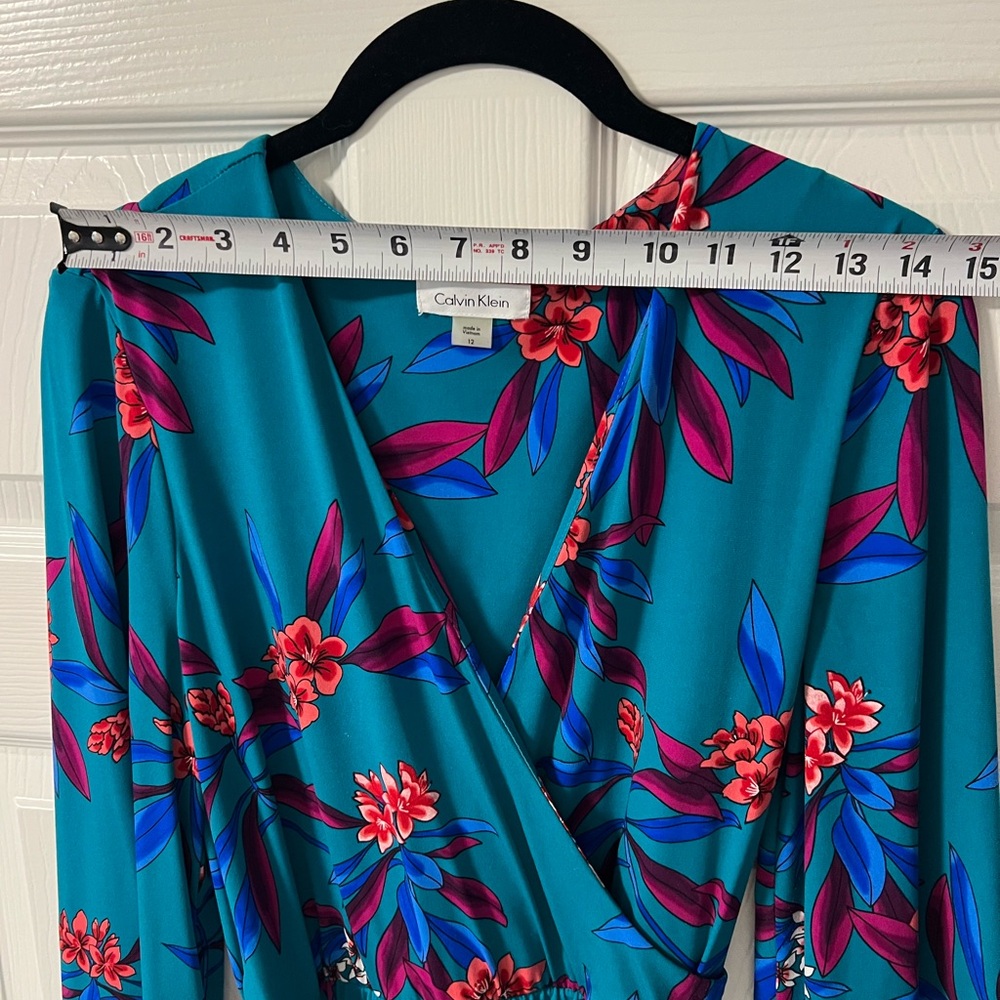 Calvin Klein Teal Floral Wrap Dress with Magenta & Blue Accents - Picture 4 of 5